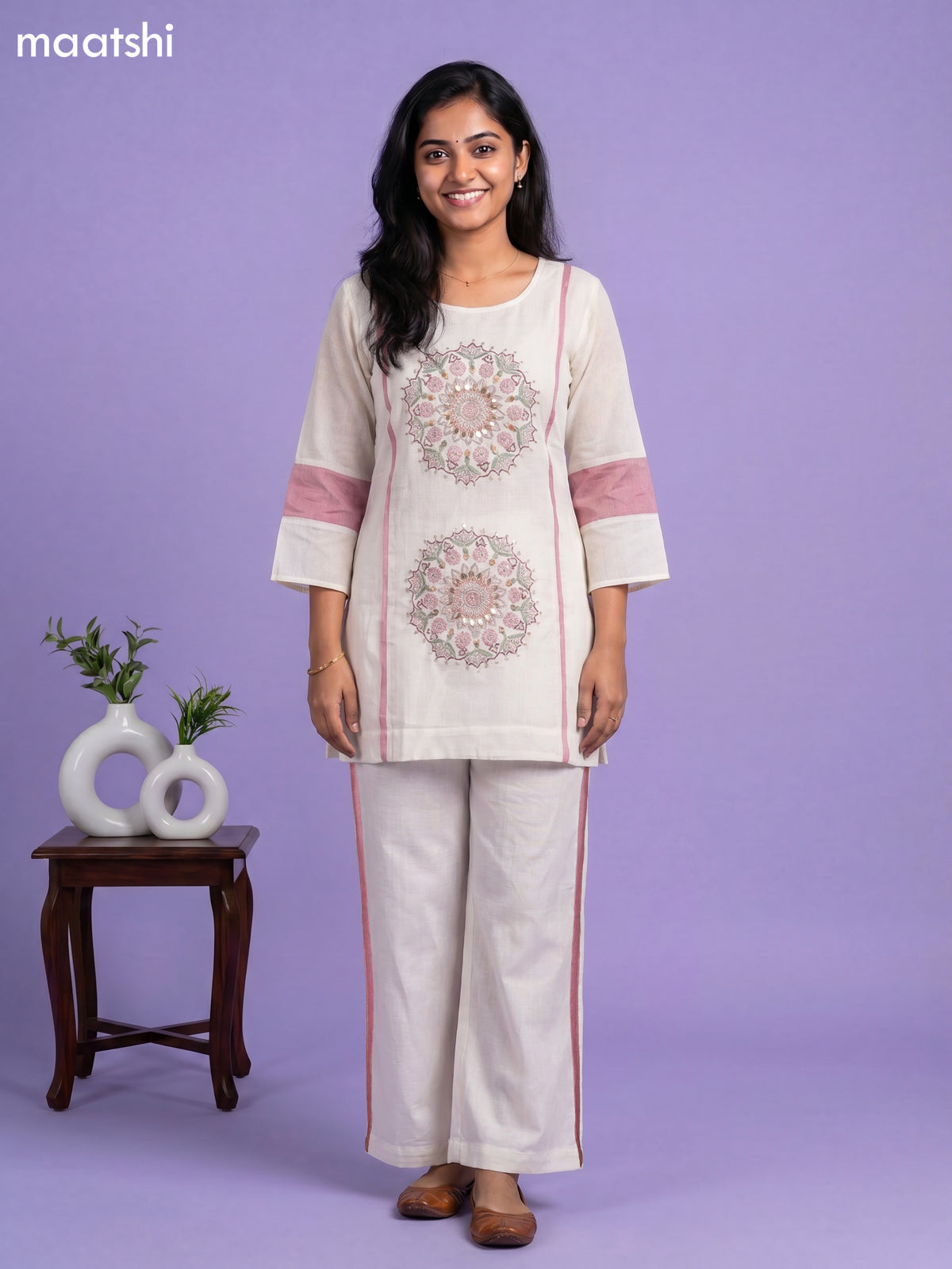 Cream and Peach Cotton Embroidery Work Short Co-Ord Set