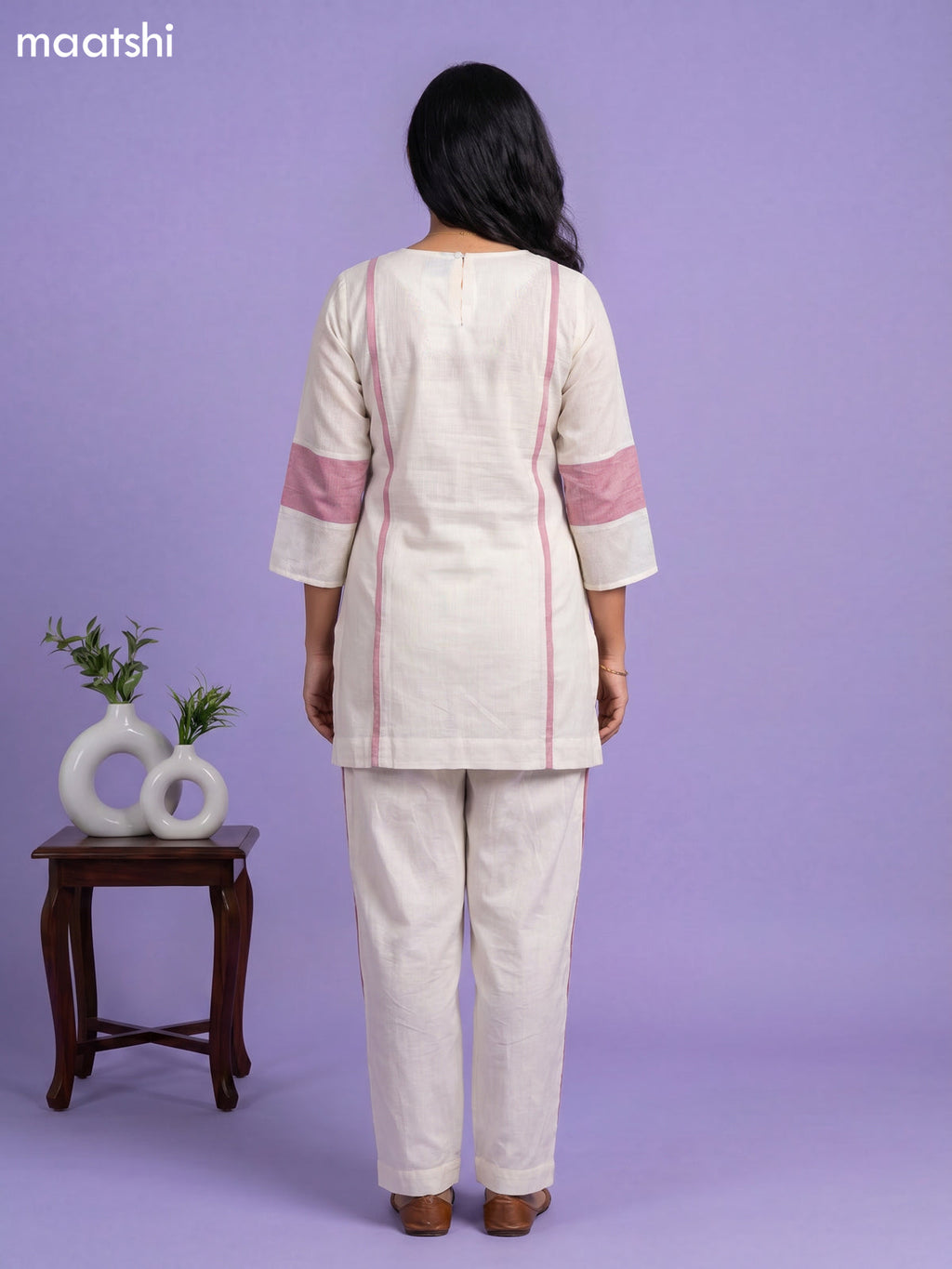 Cream and Peach Cotton Embroidery Work Short Co-Ord Set
