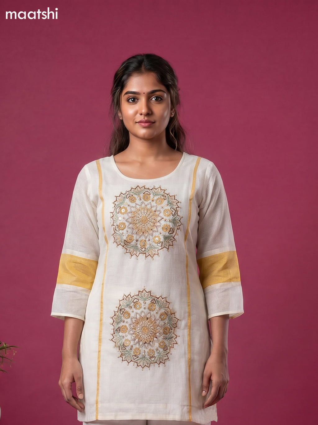Cream and Mustard Cotton Embroidery Work Short Co-Ord Set