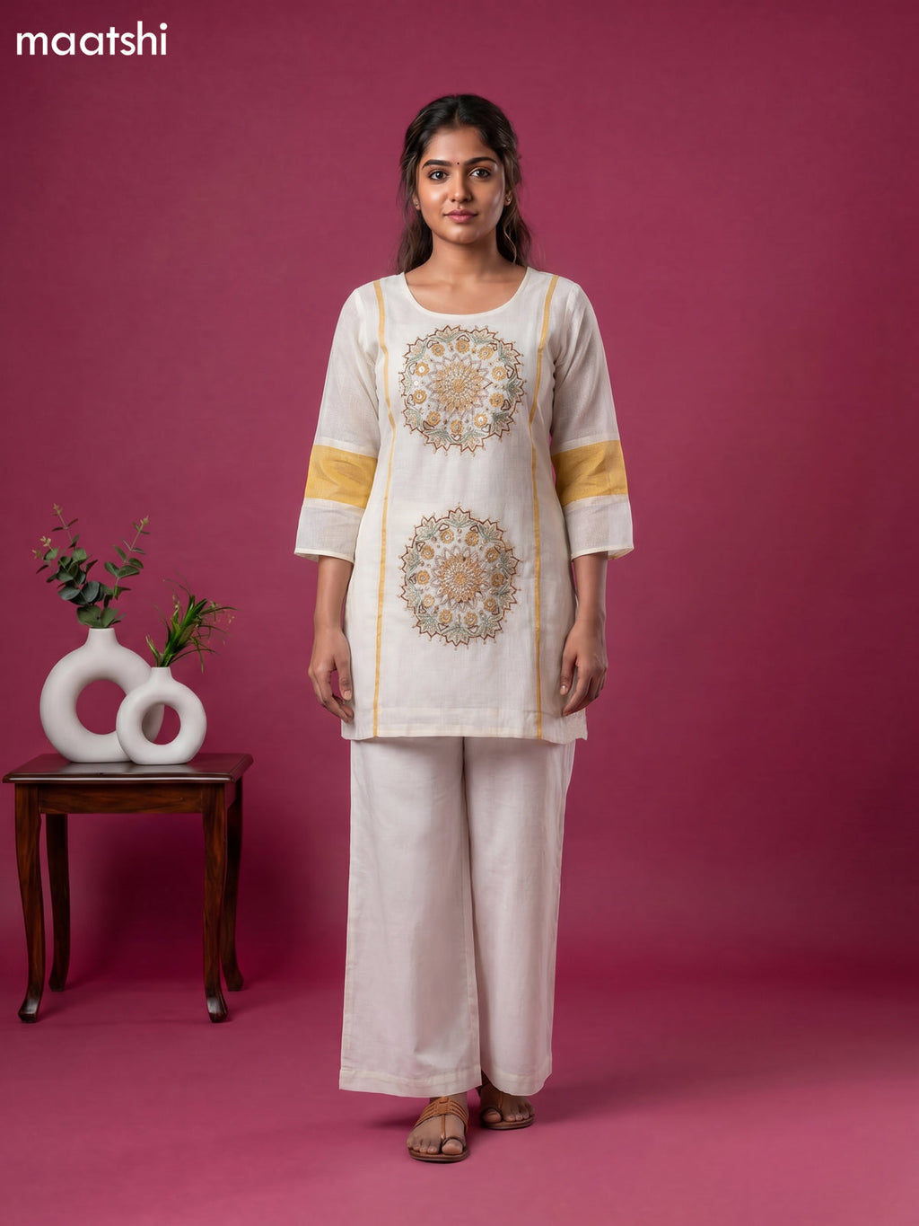 Cream and Mustard Cotton Embroidery Work Short Co-Ord Set