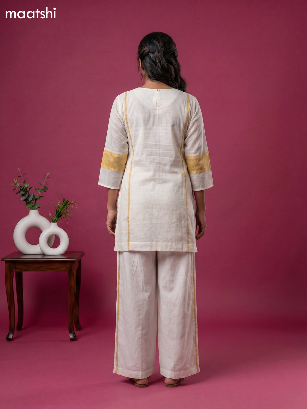 Cream and Mustard Cotton Embroidery Work Short Co-Ord Set