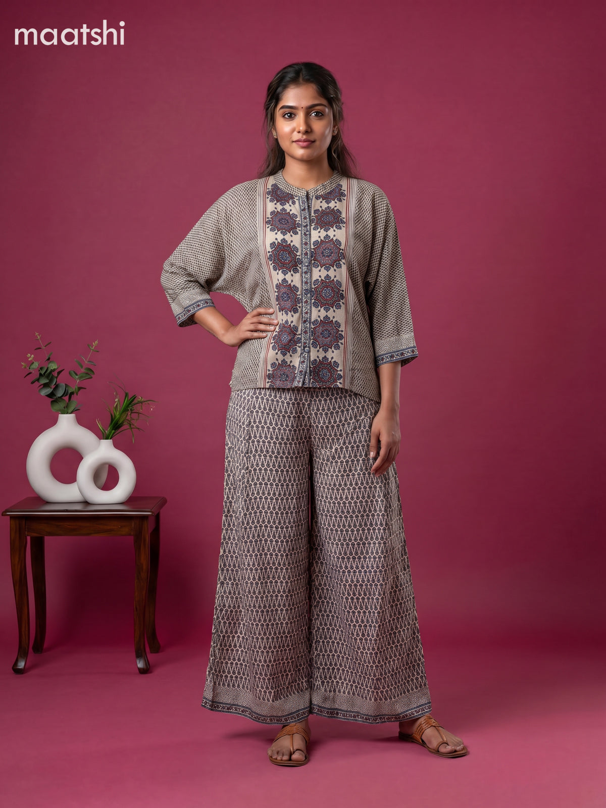 Beige and Multi Colour Crepe Silk Ajrakh Printed Short Co-Ord Set