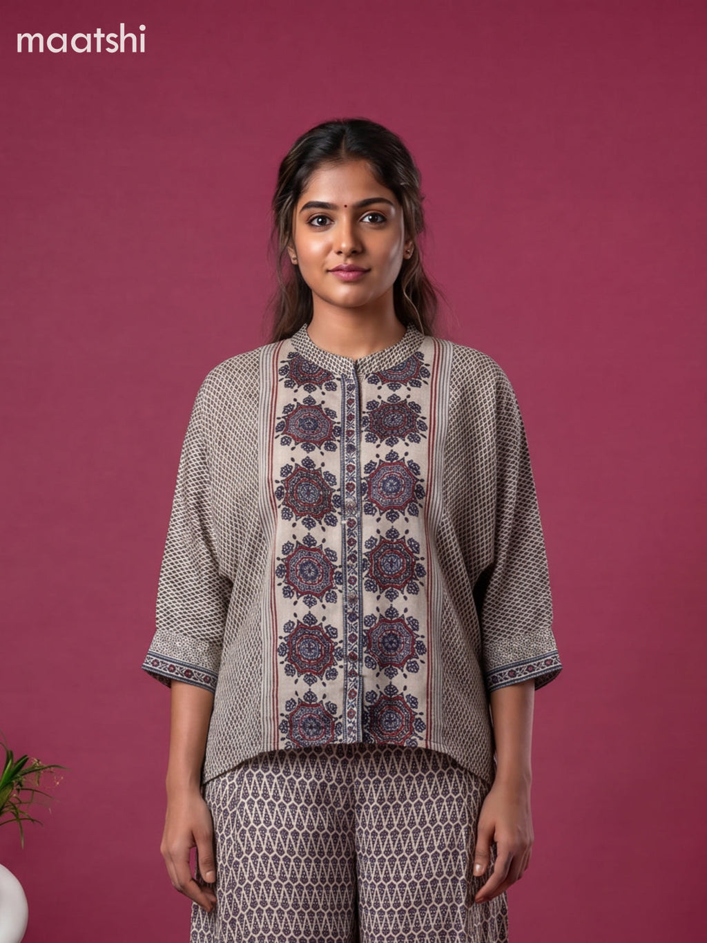 Beige and Multi Colour Crepe Silk Ajrakh Printed Short Co-Ord Set