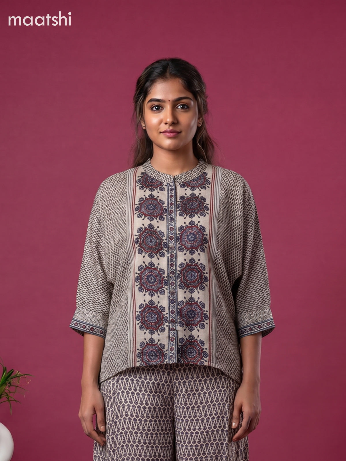 Beige and Multi Colour Crepe Silk Ajrakh Printed Short Co-Ord Set