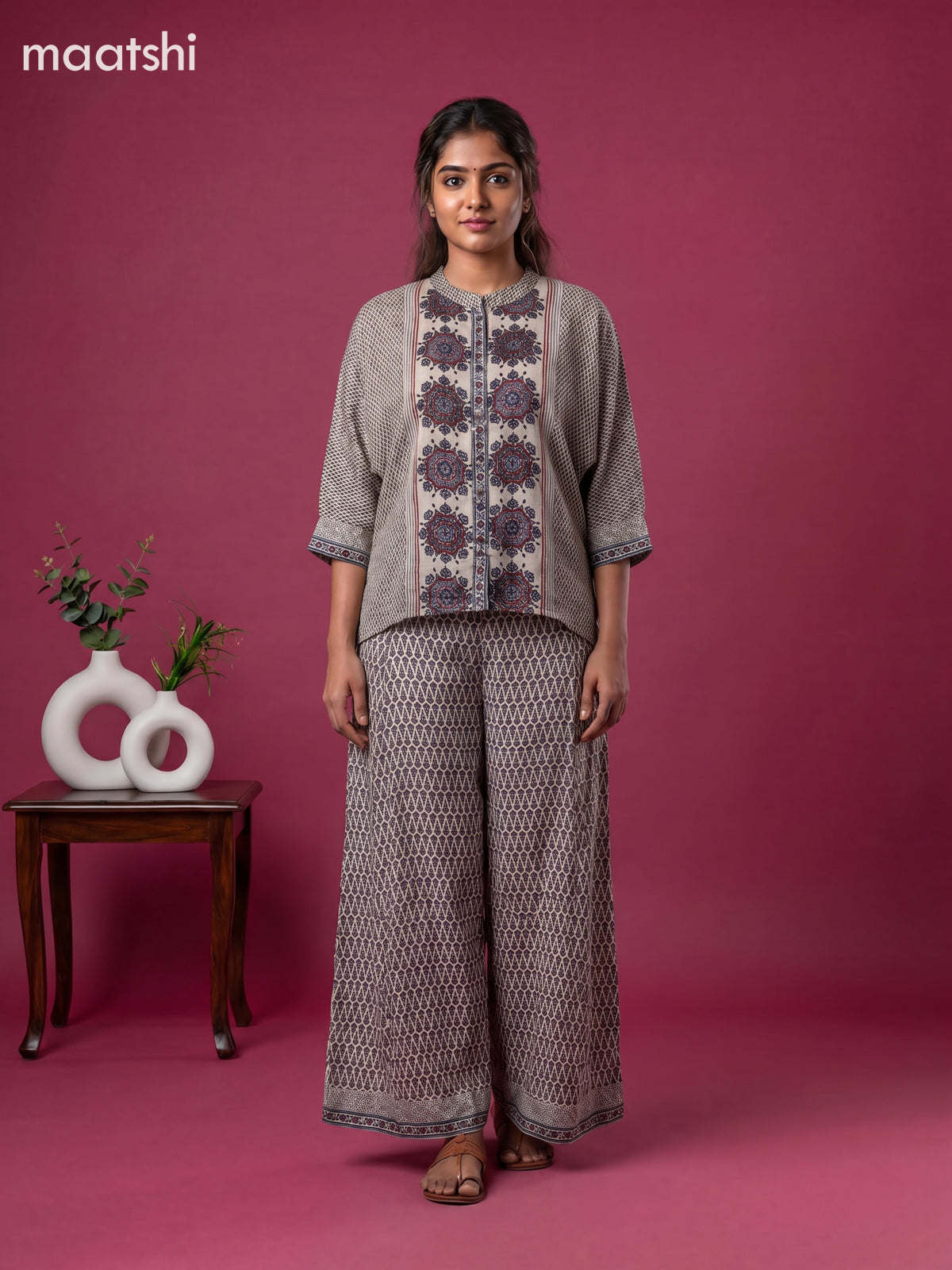 Beige and Multi Colour Crepe Silk Ajrakh Printed Short Co-Ord Set