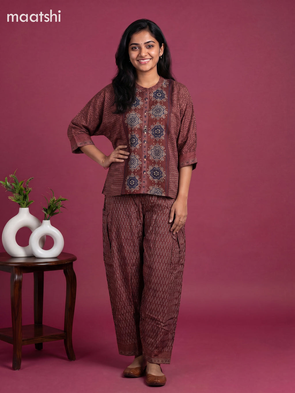 Maroon and Multi Colour Crepe Silk Ajrakh Printed Short Co-Ord Set