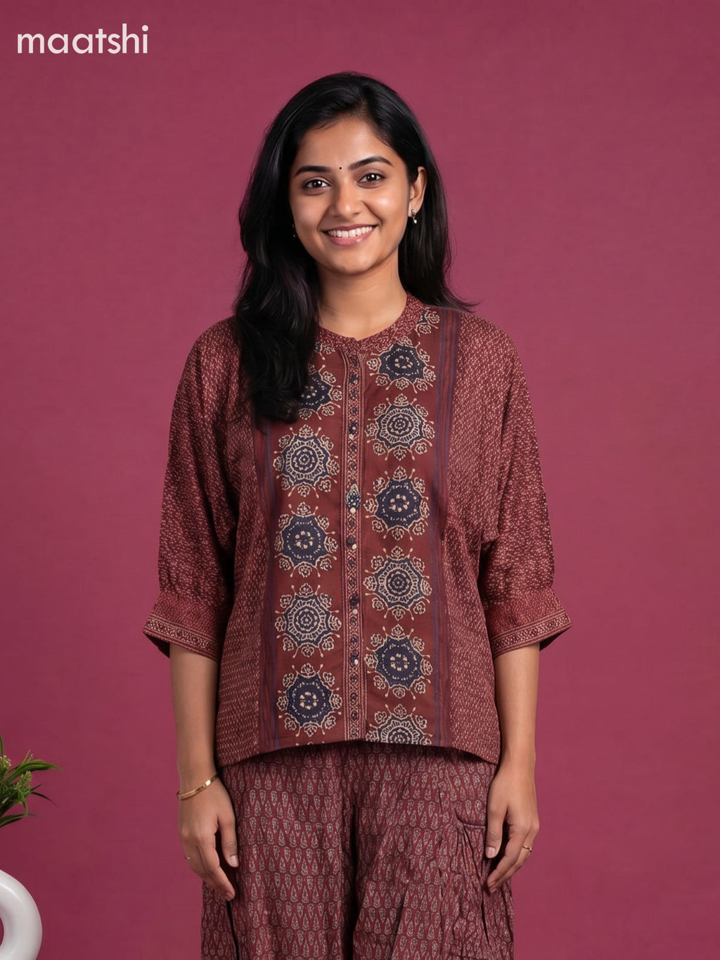 Maroon and Multi Colour Crepe Silk Ajrakh Printed Short Co-Ord Set