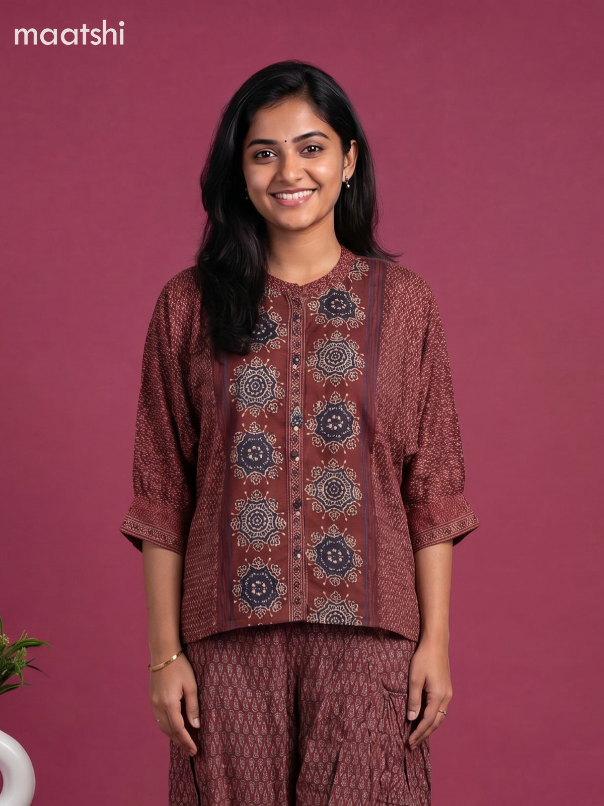 Maroon and Multi Colour Crepe Silk Ajrakh Printed Short Co-Ord Set