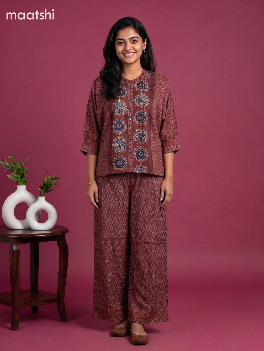 Maroon and Multi Colour Crepe Silk Ajrakh Printed Short Co-Ord Set