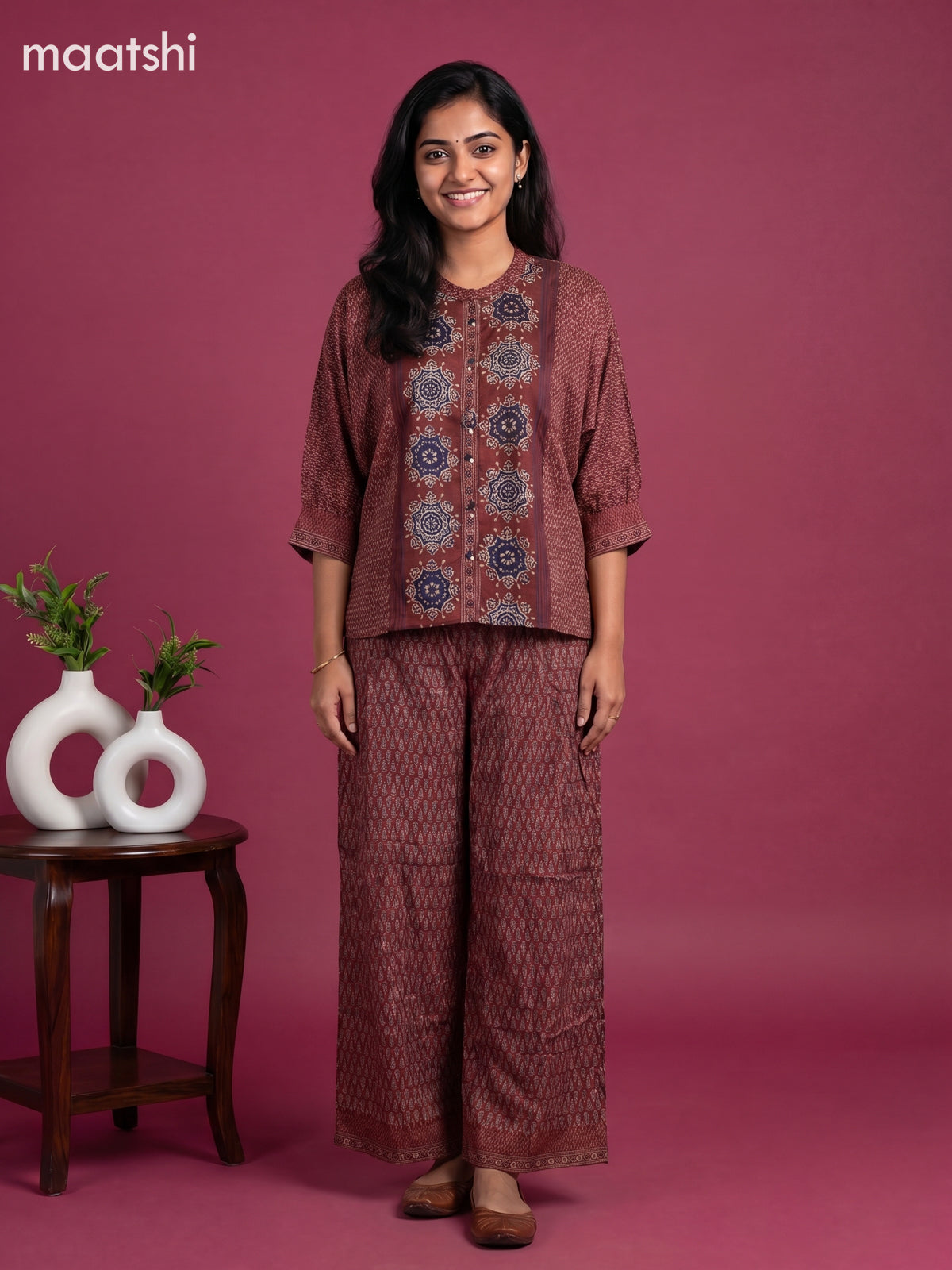 Maroon and Multi Colour Crepe Silk Ajrakh Printed Short Co-Ord Set