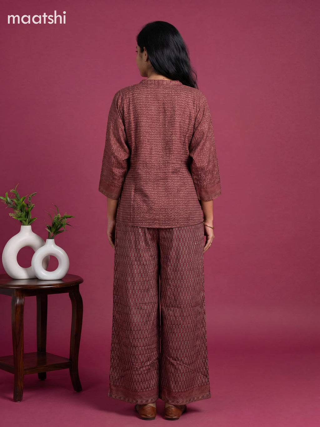 Maroon and Multi Colour Crepe Silk Ajrakh Printed Short Co-Ord Set