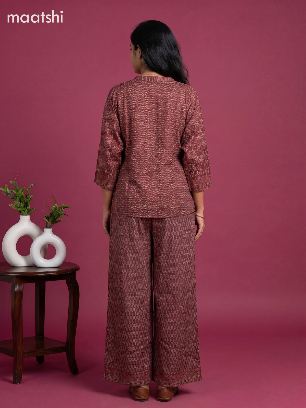 Maroon and Multi Colour Crepe Silk Ajrakh Printed Short Co-Ord Set
