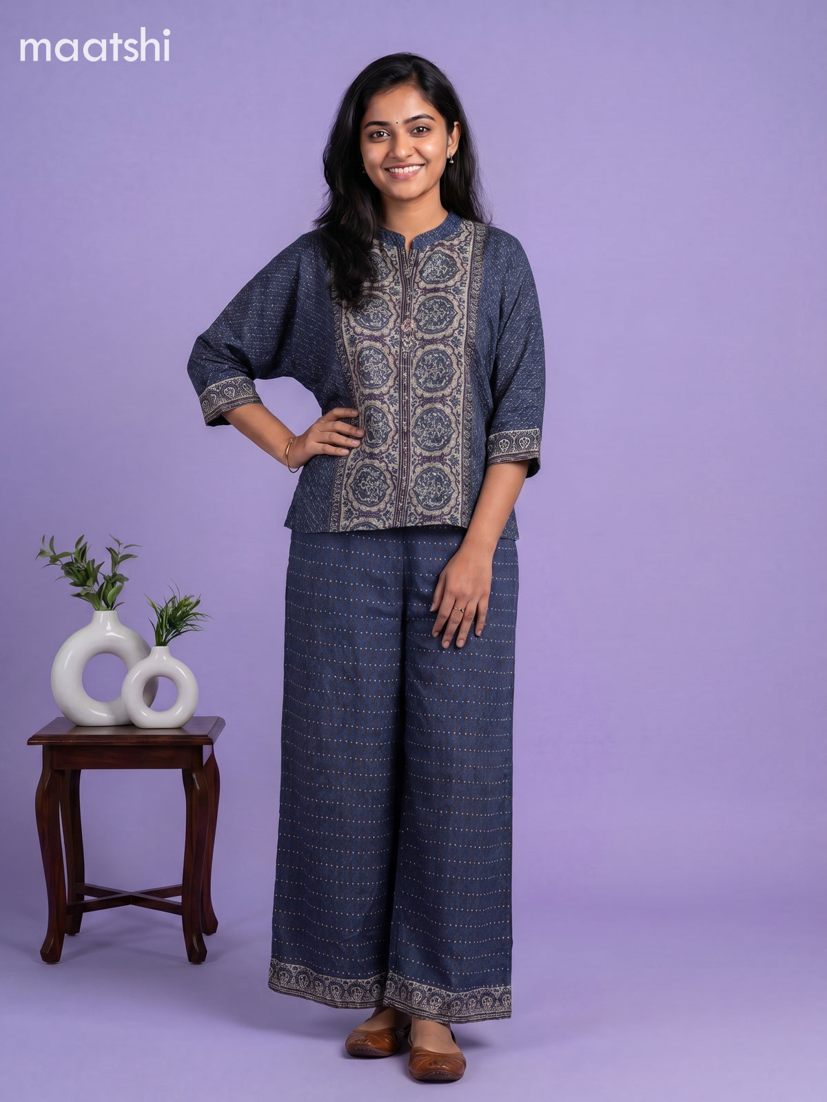 Navy Blue and Multi Colour Crepe Silk Ajrakh Printed Short Co-Ord Set