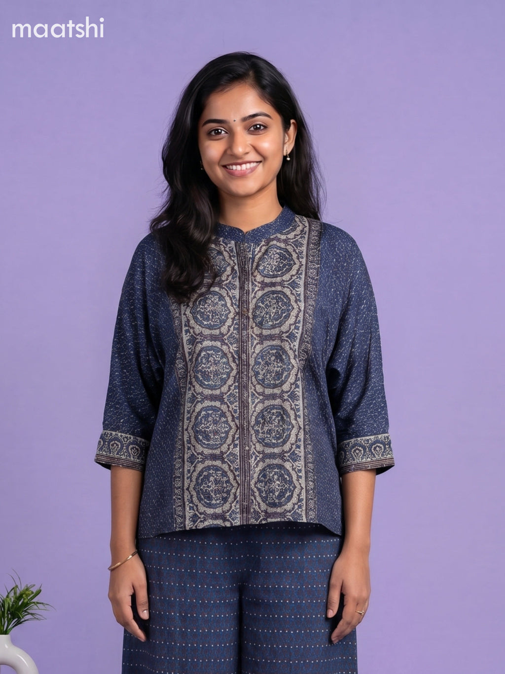 Navy Blue and Multi Colour Crepe Silk Ajrakh Printed Short Co-Ord Set
