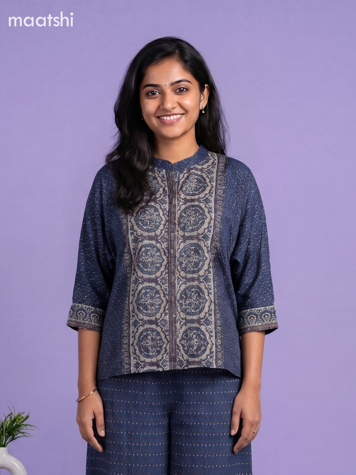 Navy Blue and Multi Colour Crepe Silk Ajrakh Printed Short Co-Ord Set