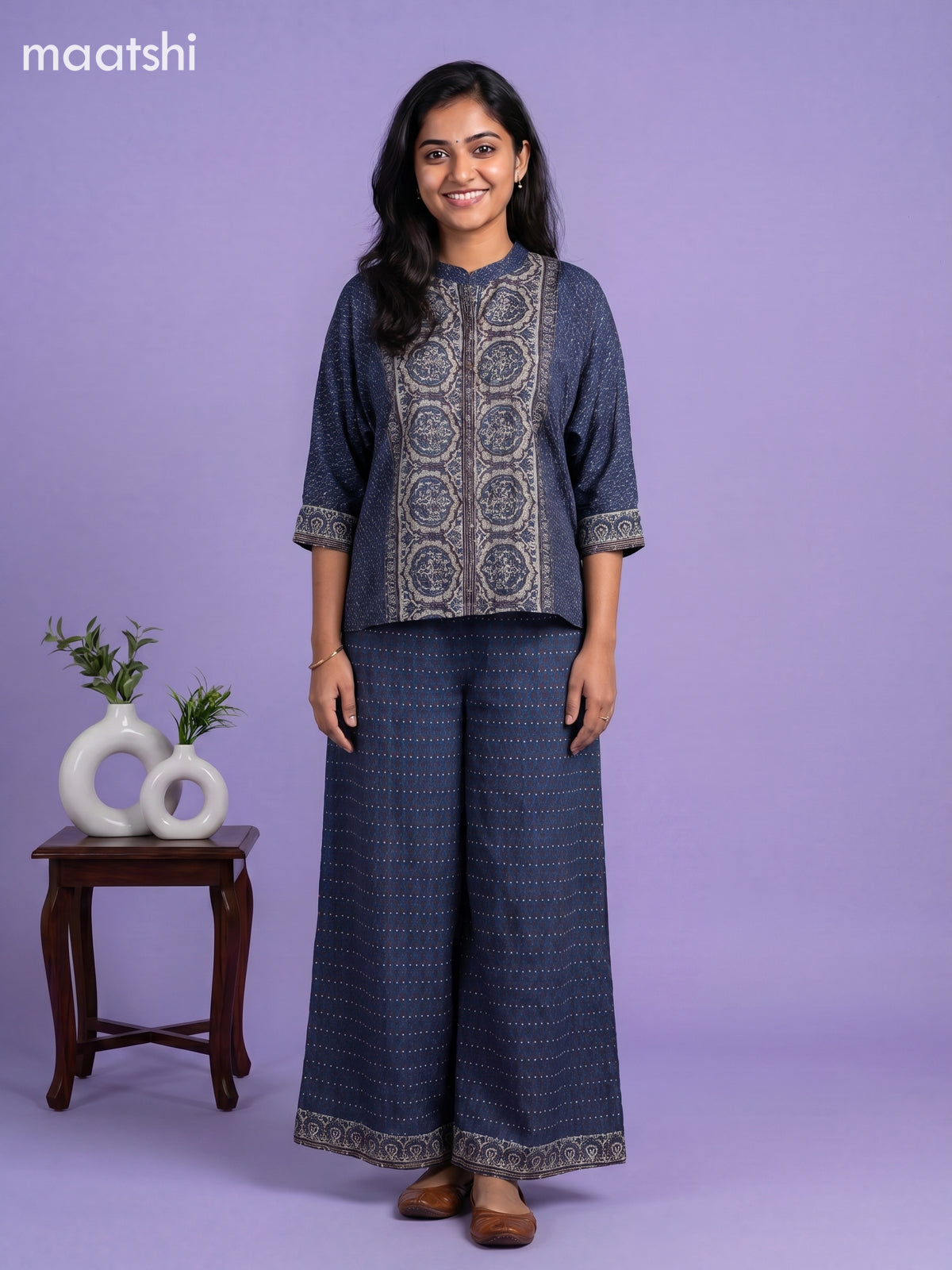Navy Blue and Multi Colour Crepe Silk Ajrakh Printed Short Co-Ord Set