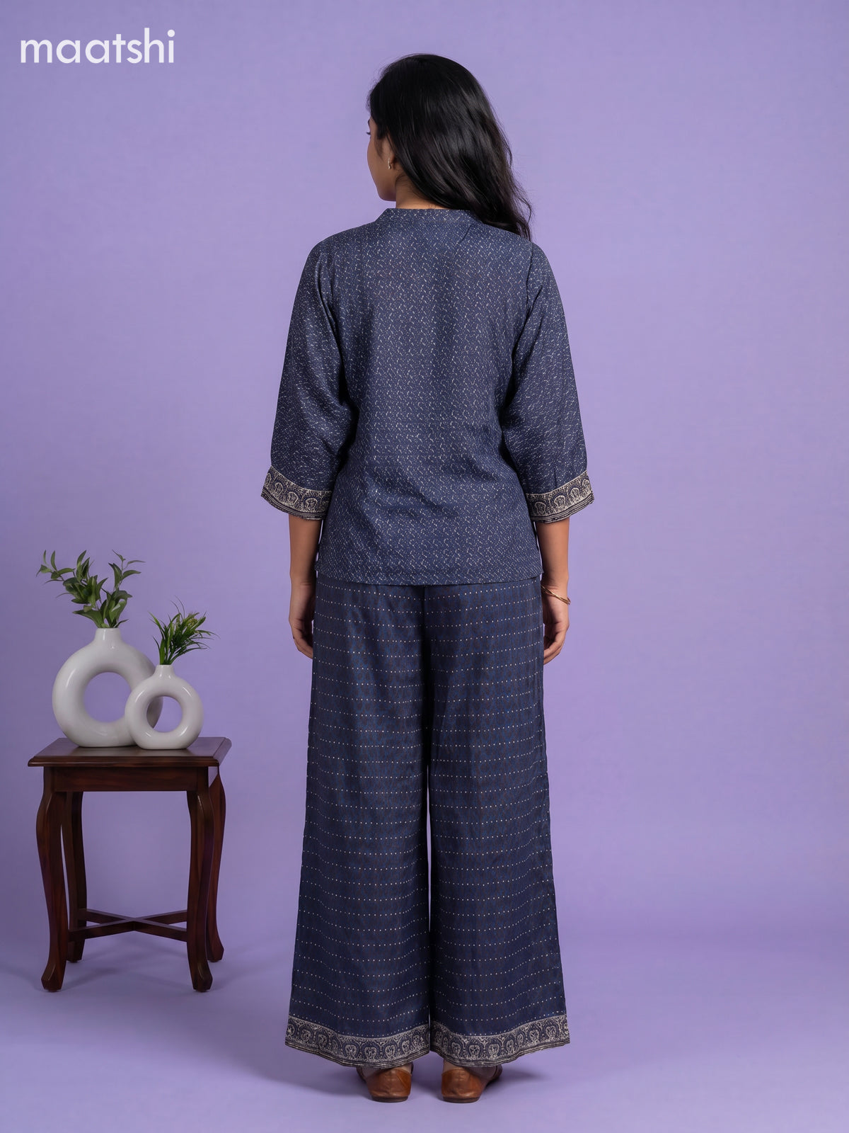 Navy Blue and Multi Colour Crepe Silk Ajrakh Printed Short Co-Ord Set