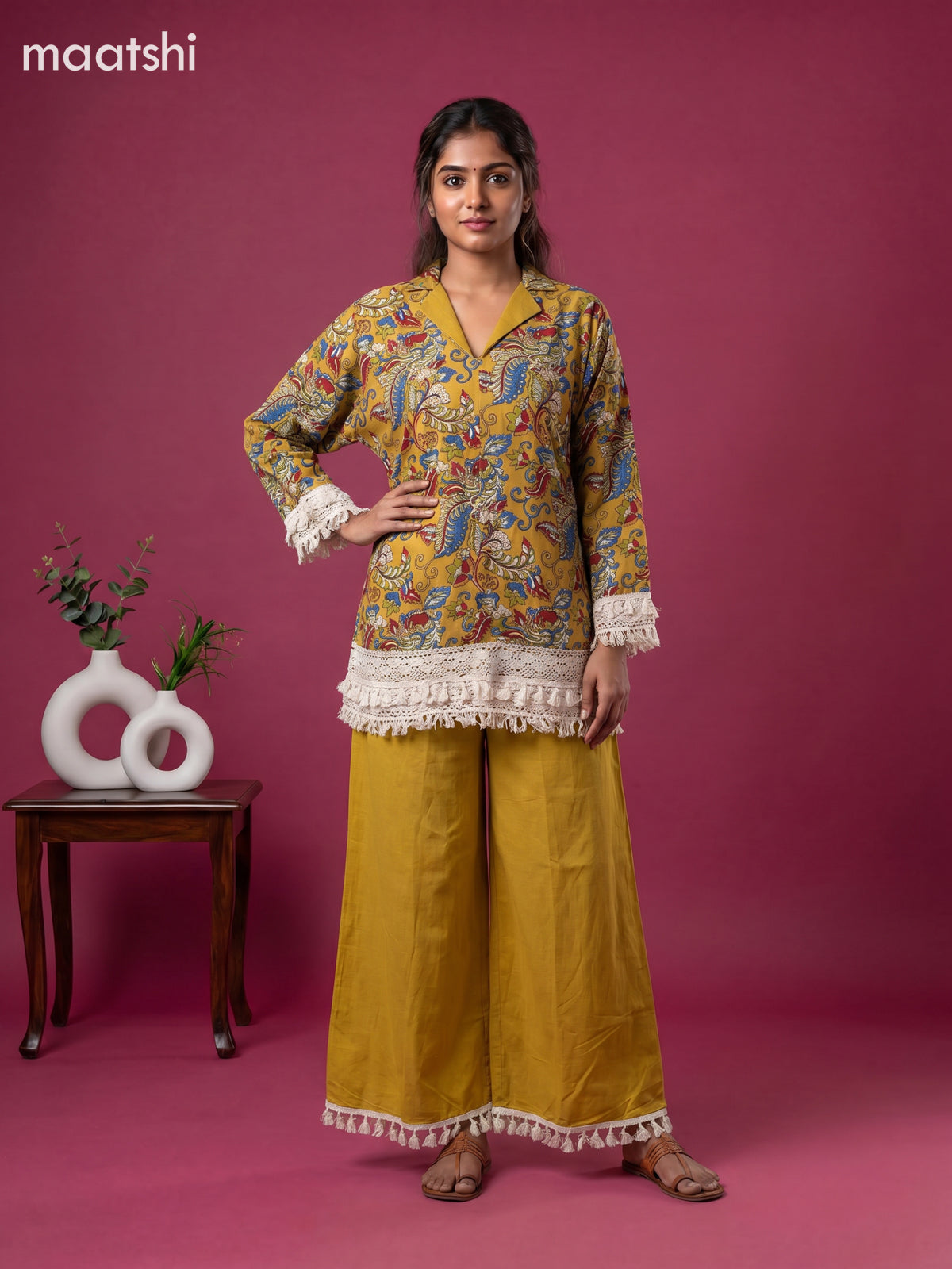 Mustard Yellow and Multi Colour Cotton Kalamkari Printed Short Co-Ord Set