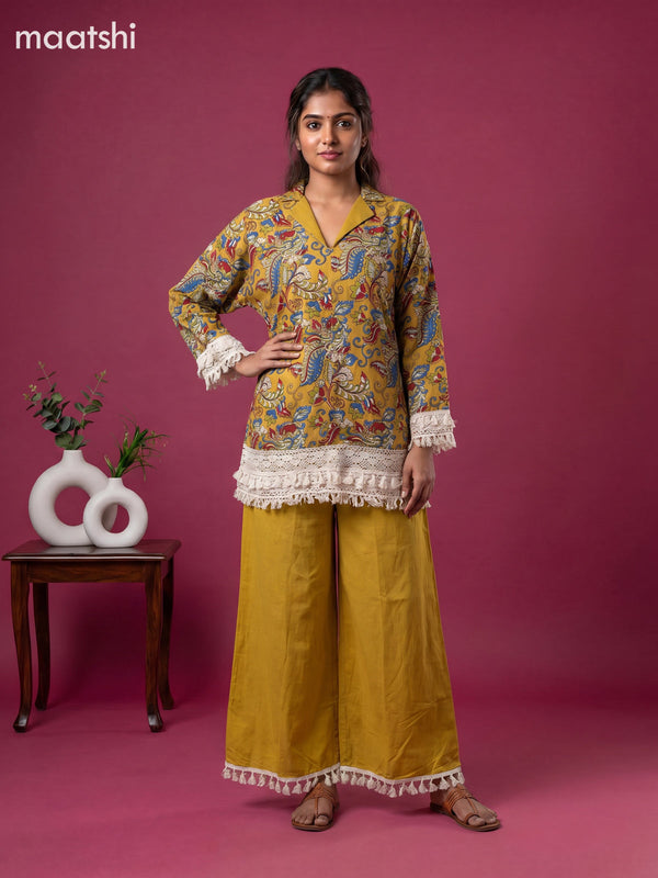 Mustard Yellow and Multi Colour Cotton Kalamkari Printed Short Co-Ord Set
