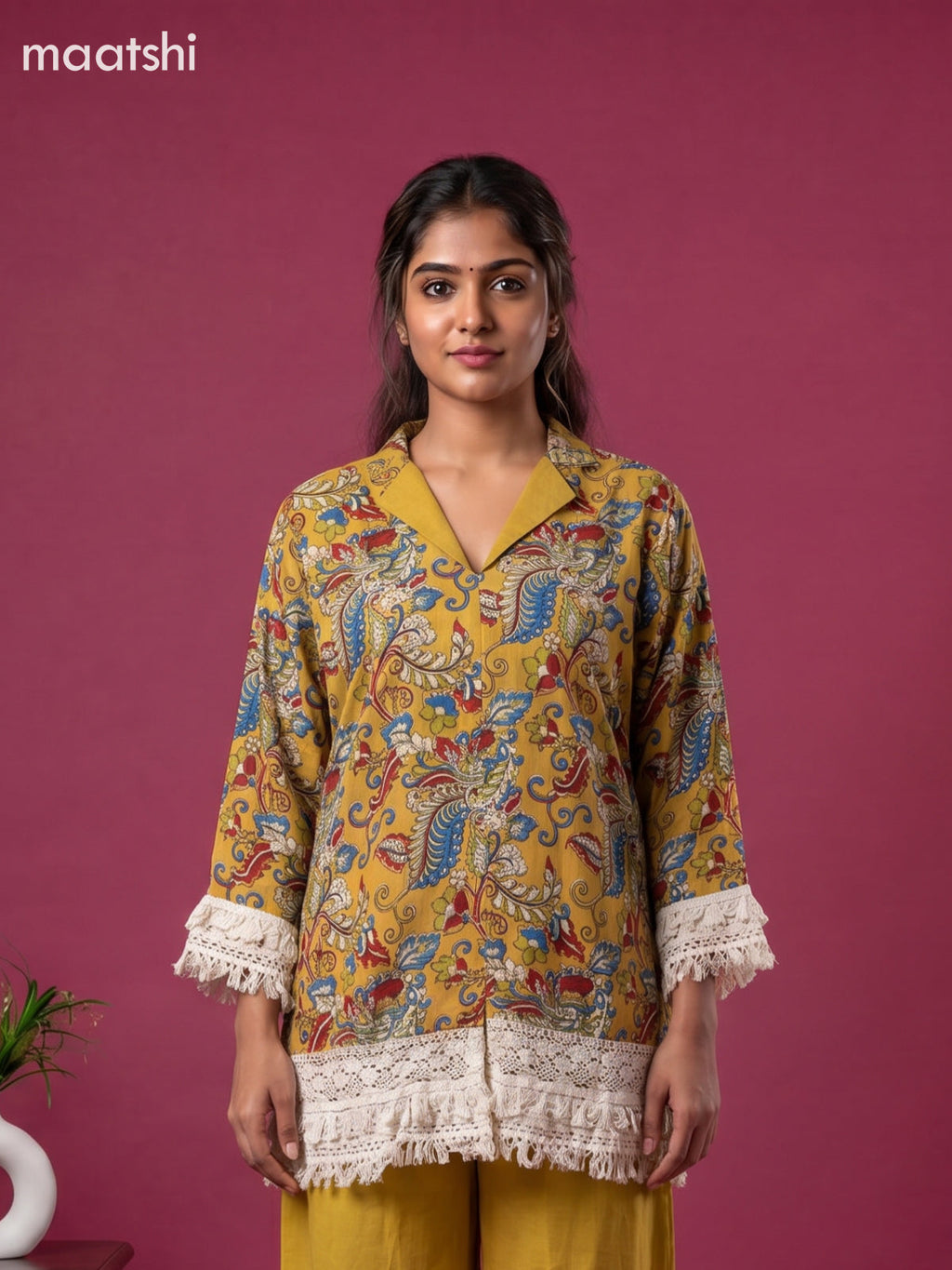 Mustard Yellow and Multi Colour Cotton Kalamkari Printed Short Co-Ord Set