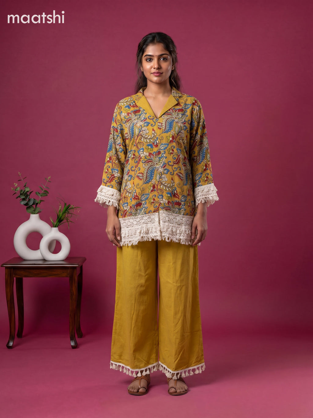 Mustard Yellow and Multi Colour Cotton Kalamkari Printed Short Co-Ord Set