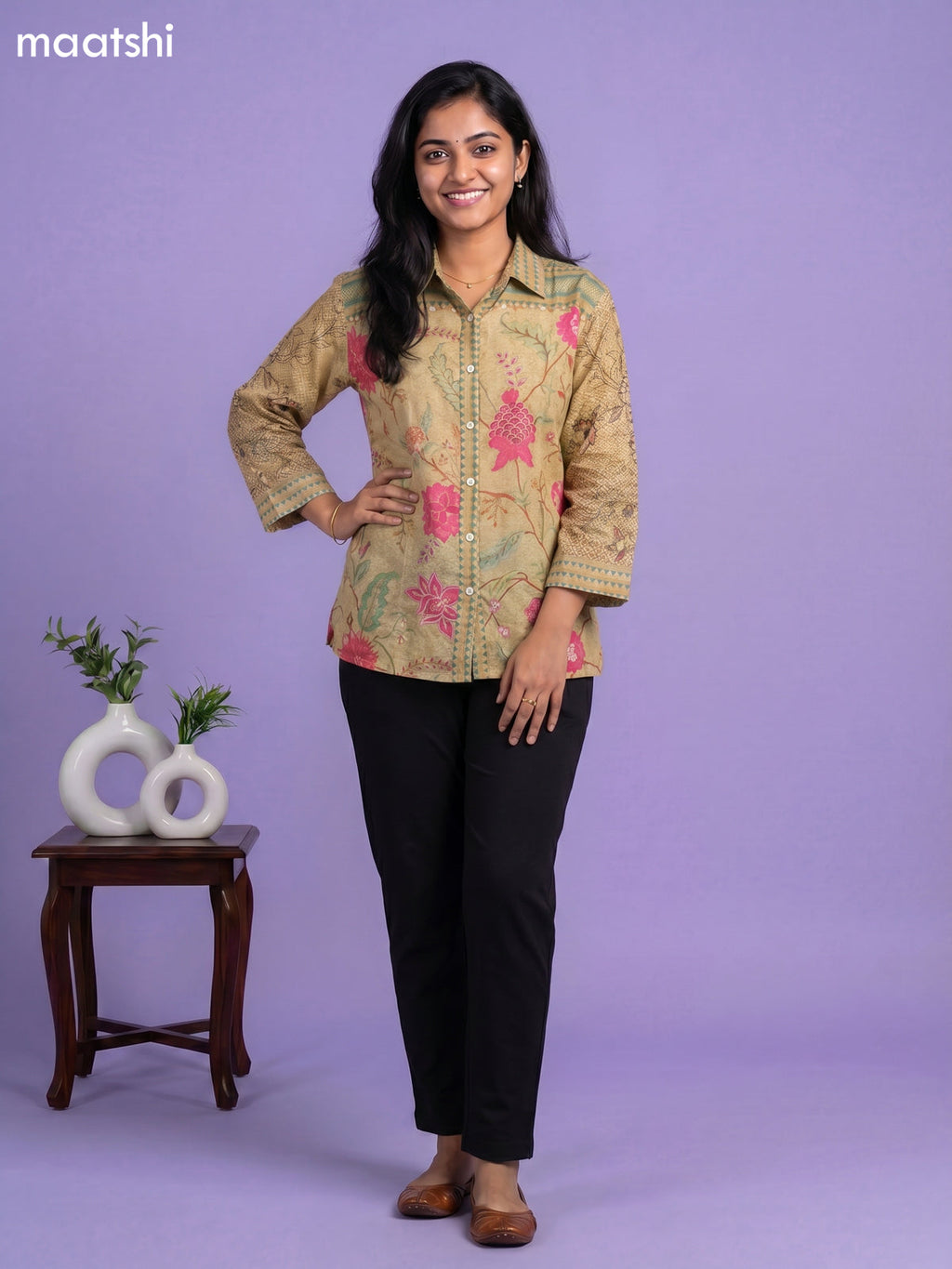 Pale Yellow and Multi Colour Linen Cotton Floral Printed Women Shirt