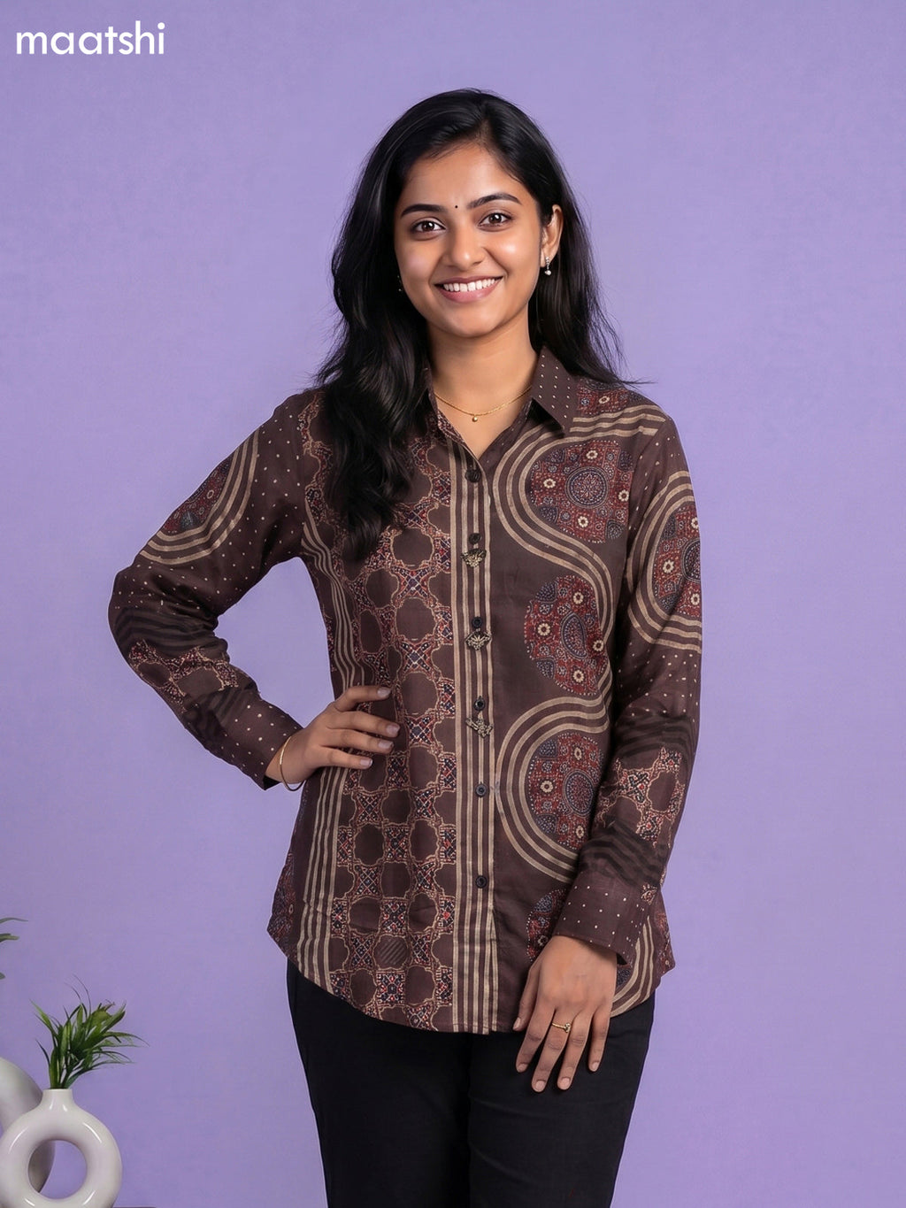 Black and Multi Colour Crepe Silk Ajrakh Printed Women Shirt