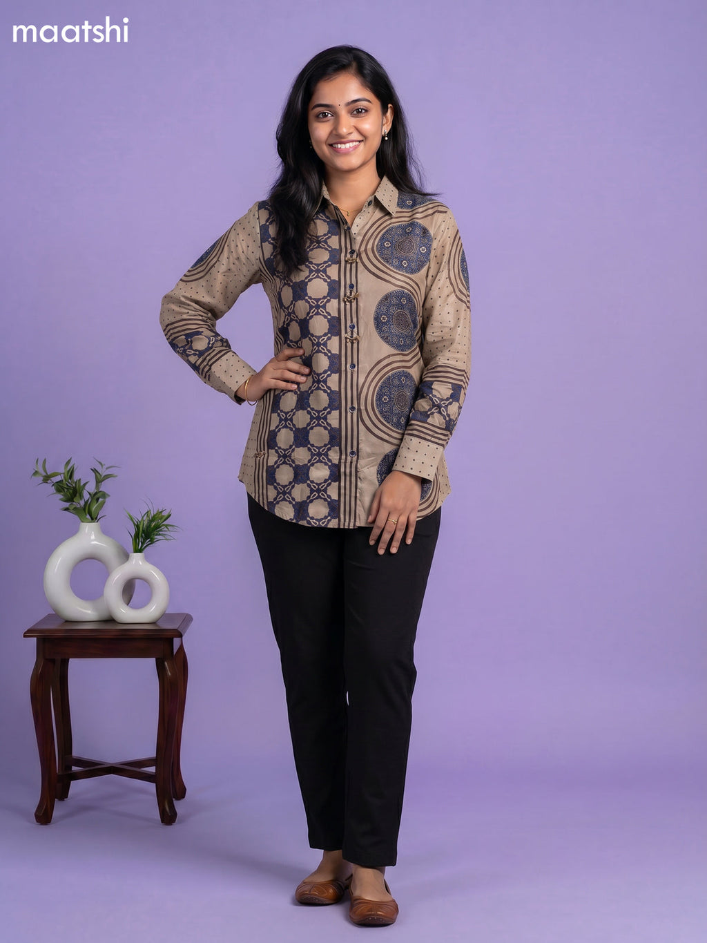 Beige and Multi Colour Crepe Silk Ajrakh Printed Women Shirt