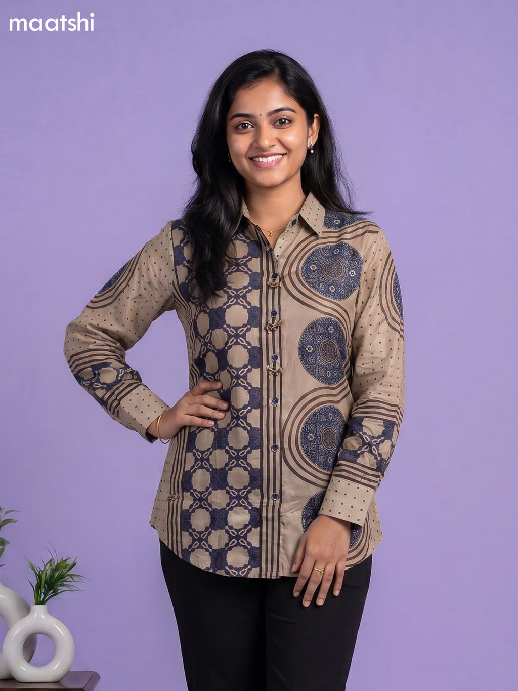 Beige and Multi Colour Crepe Silk Ajrakh Printed Women Shirt