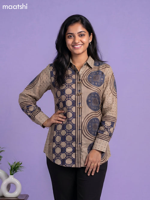 Beige and Multi Colour Crepe Silk Ajrakh Printed Women Shirt