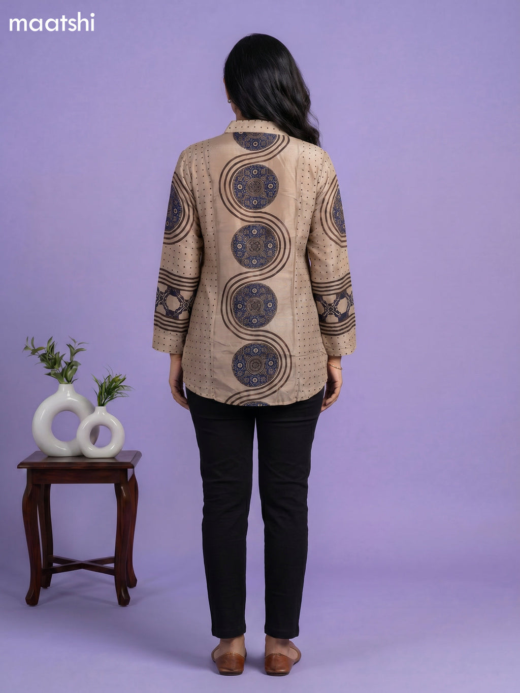 Beige and Multi Colour Crepe Silk Ajrakh Printed Women Shirt
