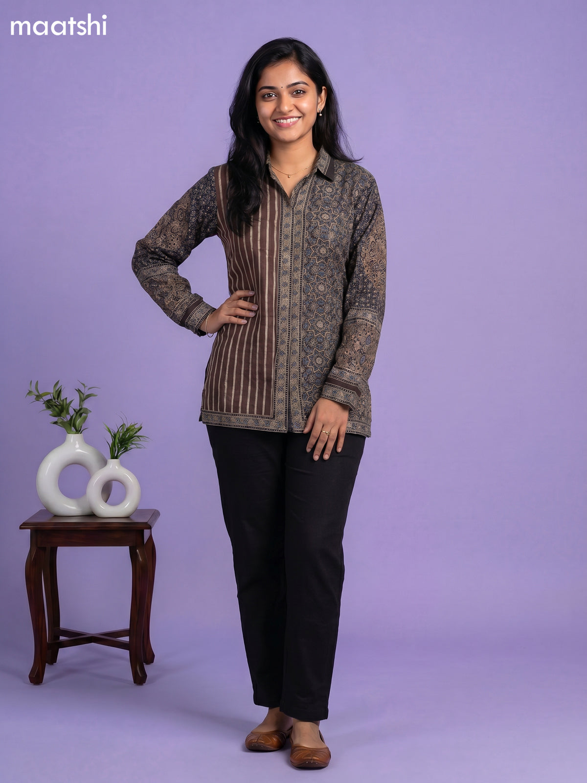 Brown and Multi Colour Crepe Silk Ajrakh Printed Women Shirt