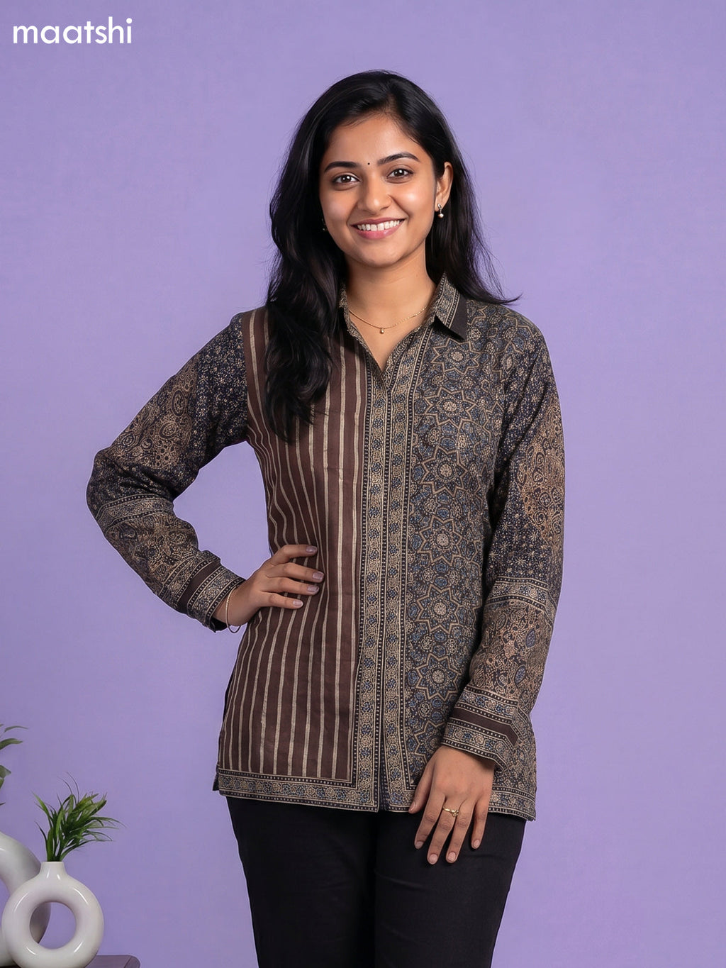 Brown and Multi Colour Crepe Silk Ajrakh Printed Women Shirt