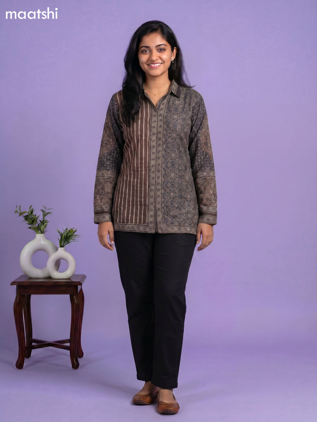 Brown and Multi Colour Crepe Silk Ajrakh Printed Women Shirt