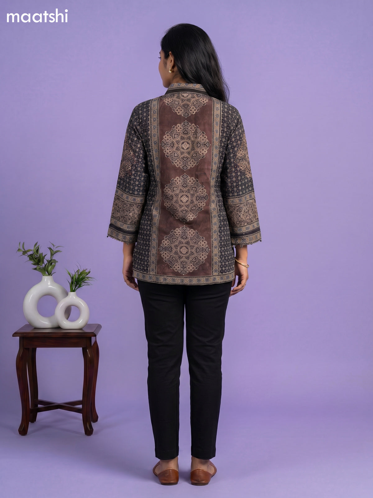 Brown and Multi Colour Crepe Silk Ajrakh Printed Women Shirt
