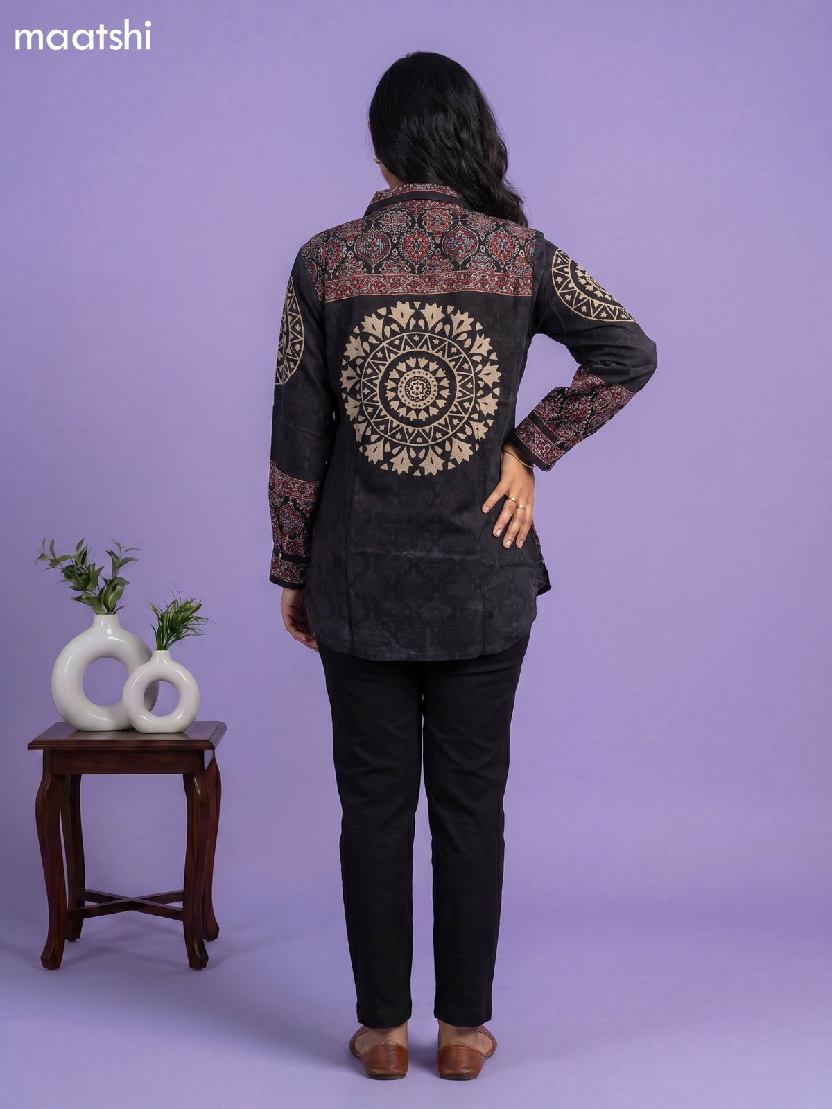 Black and Multi Colour Crepe Silk Ajrakh Printed Women Shirt