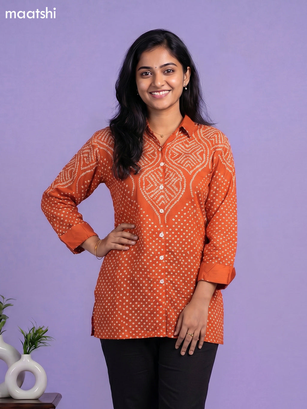 Orange Crepe Silk Bandhani Printed Women Shirt