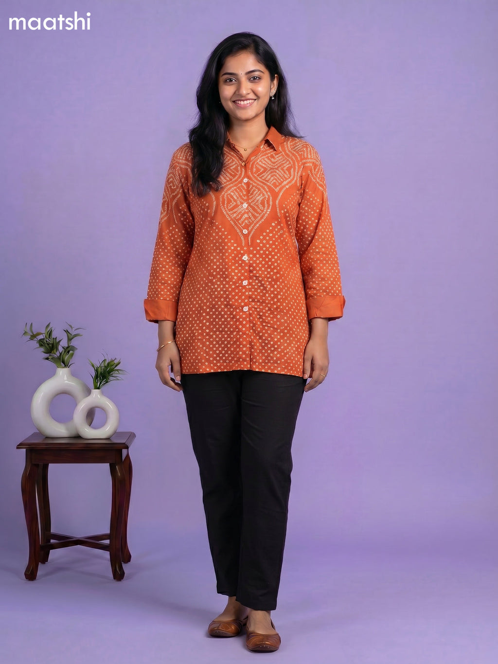 Orange Crepe Silk Bandhani Printed Women Shirt