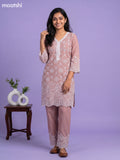 Dark Peach Cotton Hakoba & Lace Work Long Co-Ord Set
