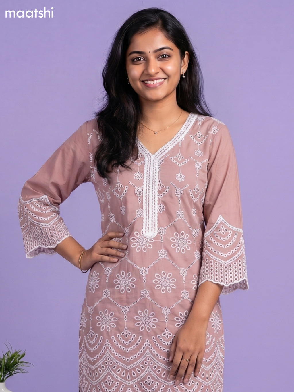 Dark Peach Cotton Hakoba & Lace Work Long Co-Ord Set