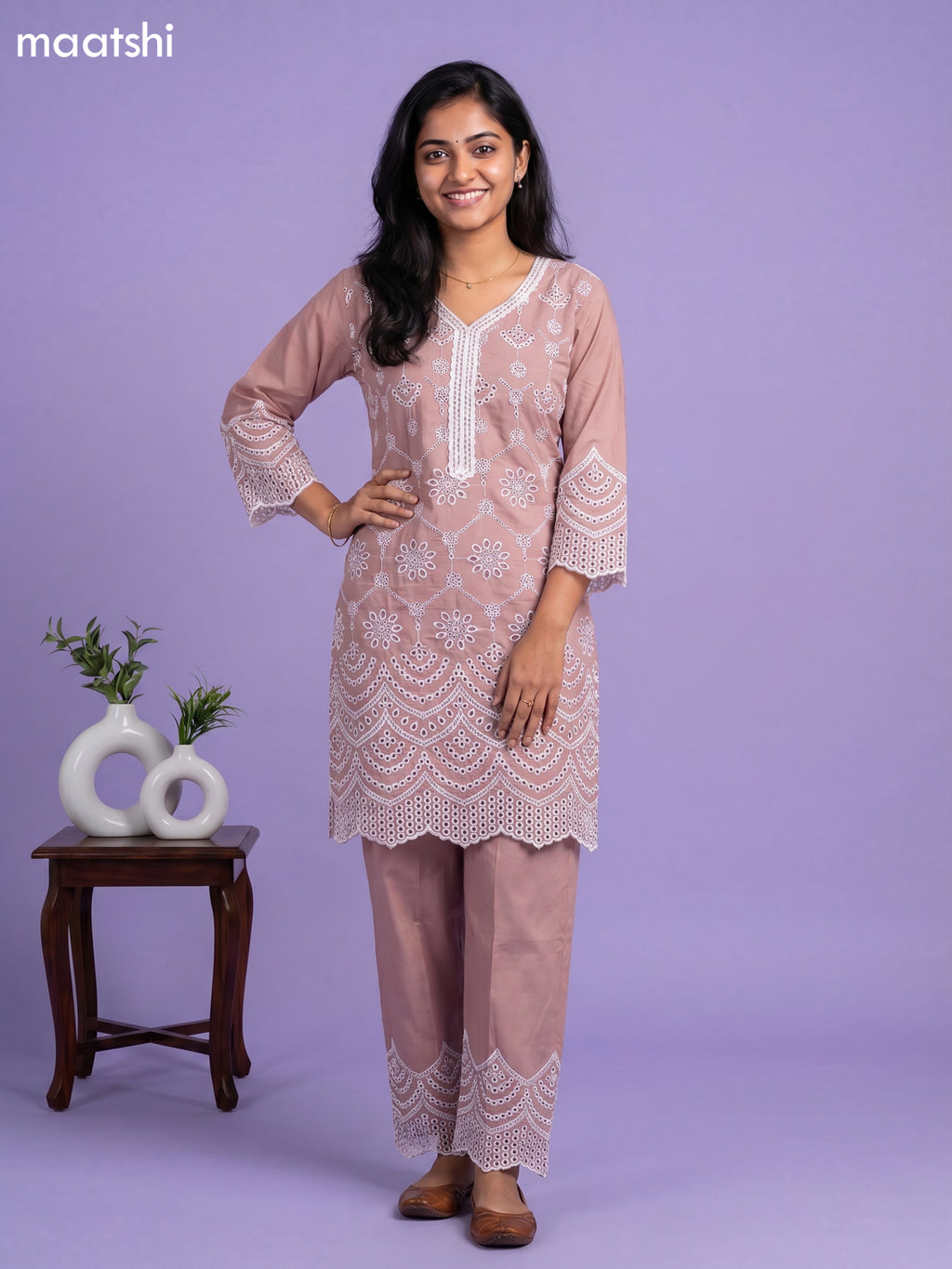 Dark Peach Cotton Hakoba & Lace Work Long Co-Ord Set
