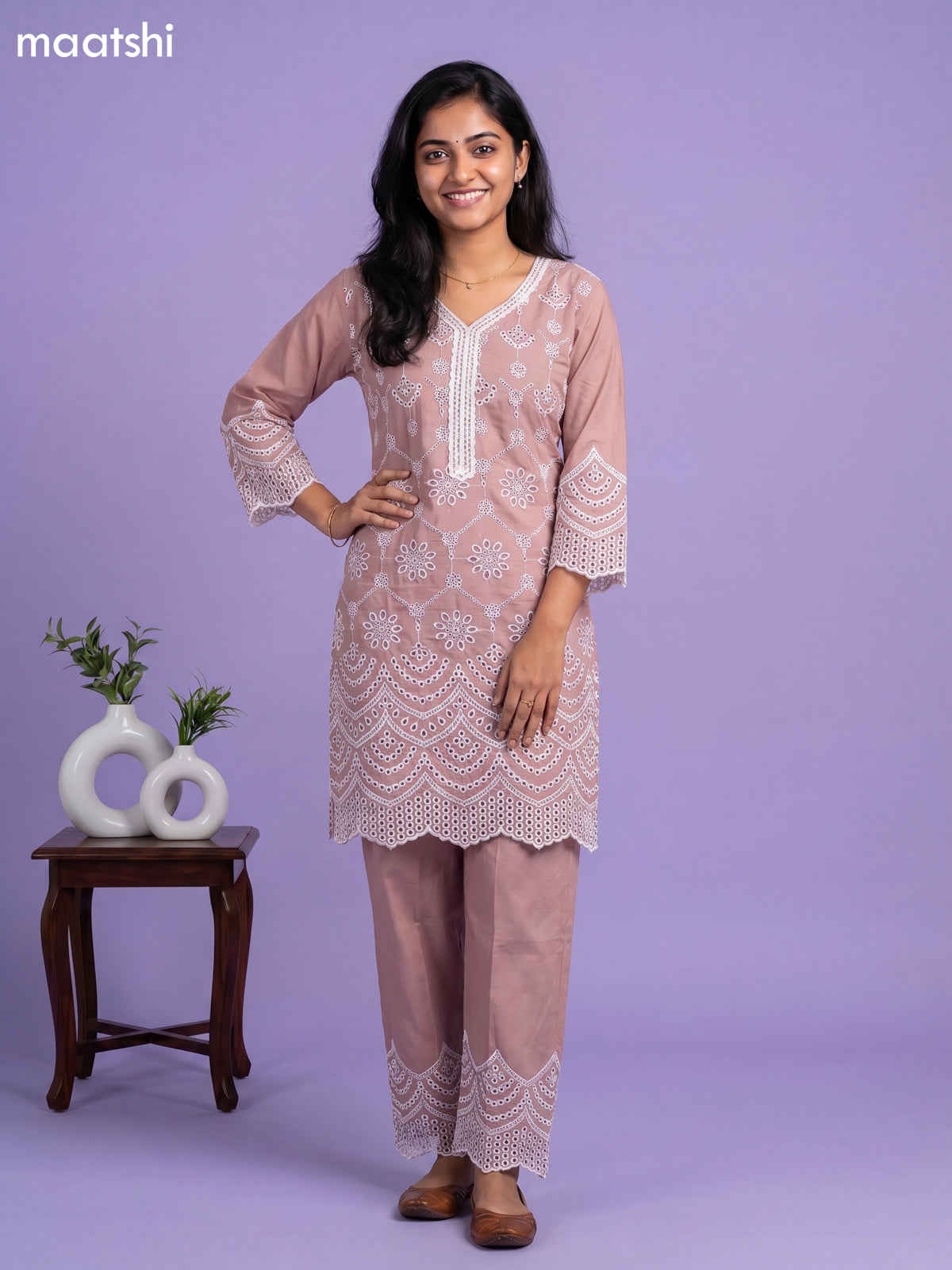 Dark Peach Cotton Hakoba & Lace Work Long Co-Ord Set