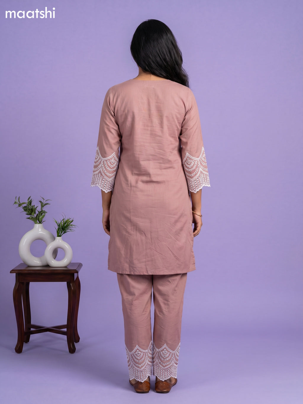 Dark Peach Cotton Hakoba & Lace Work Long Co-Ord Set