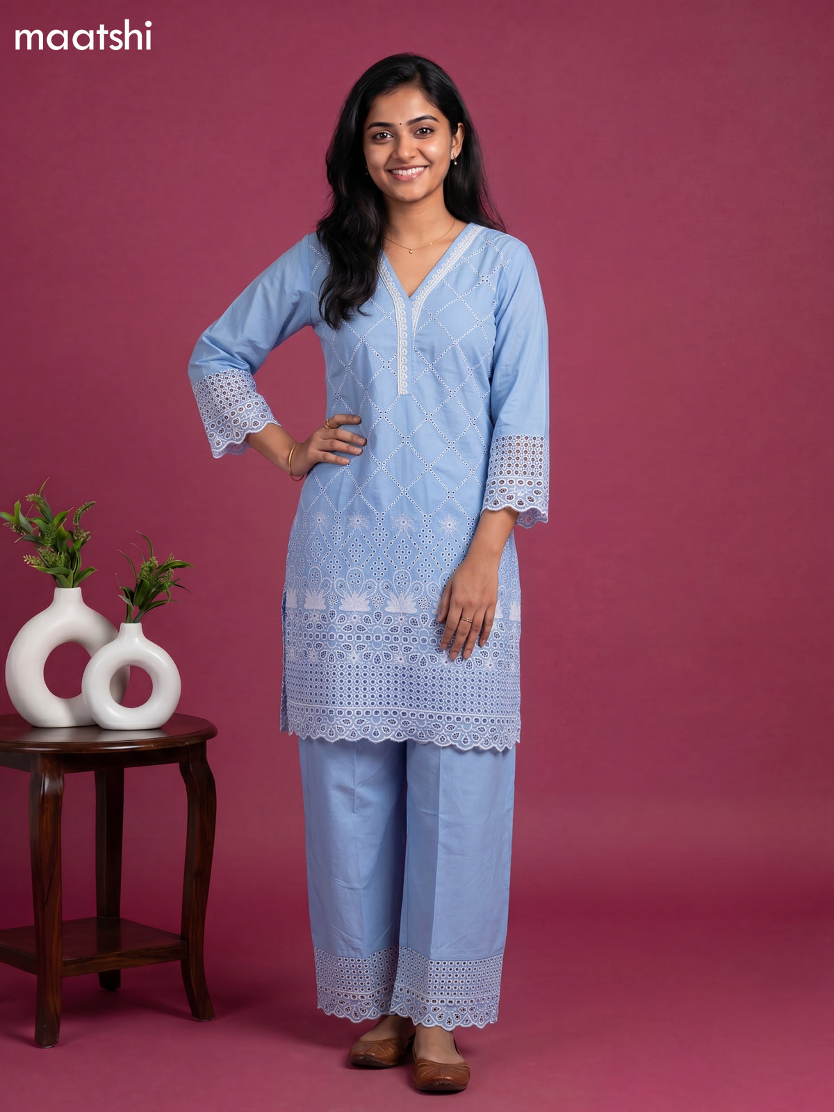 Light Blue Cotton Hakoba & Lace Work Long Co-Ord Set