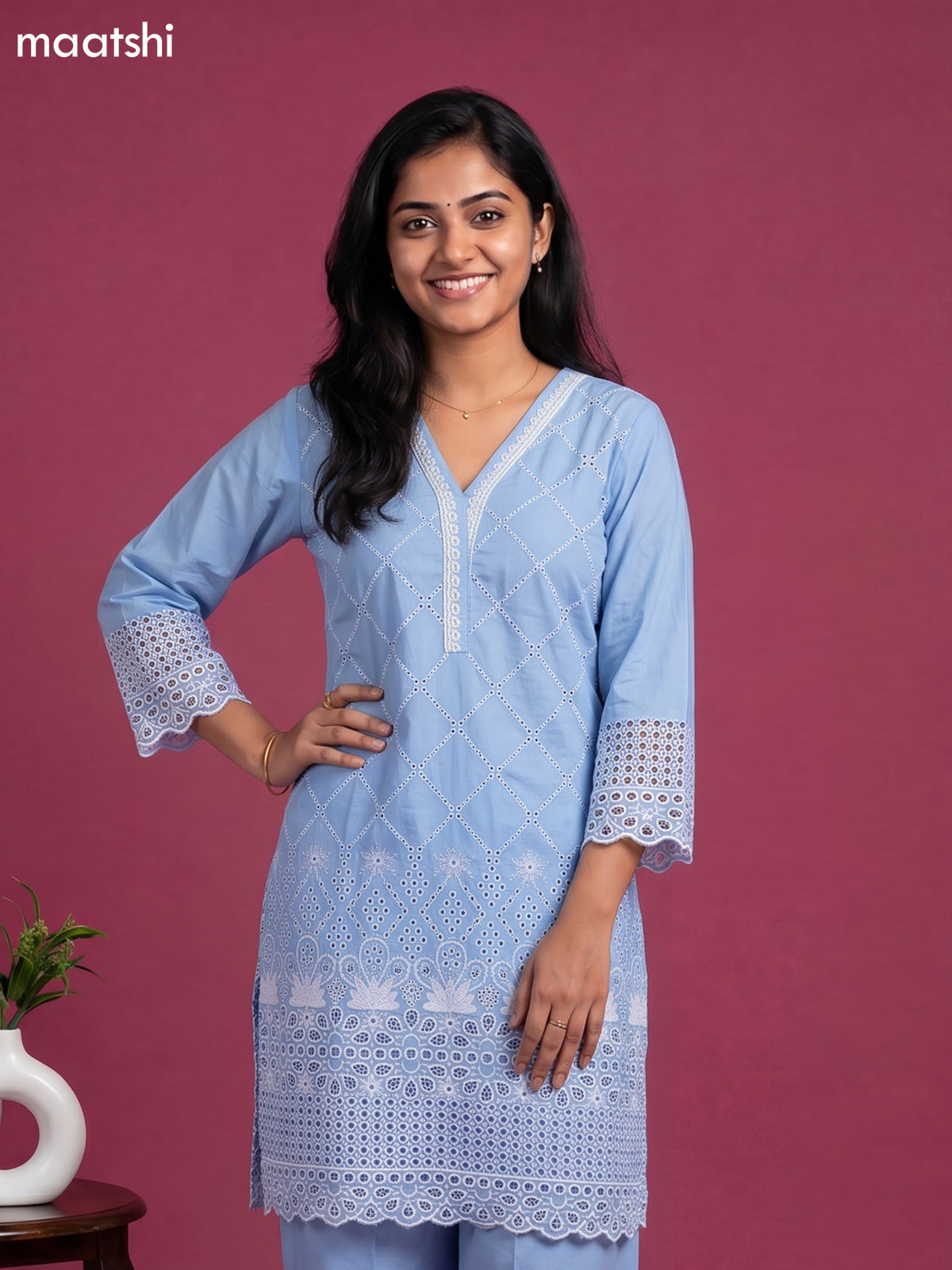 Light Blue Cotton Hakoba & Lace Work Long Co-Ord Set