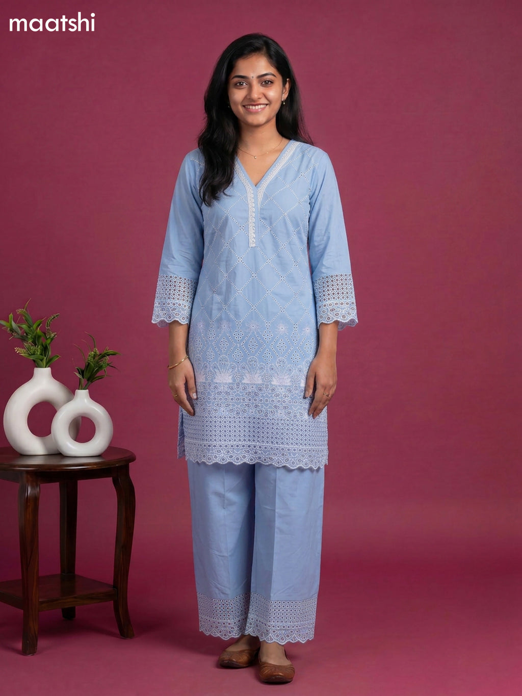Light Blue Cotton Hakoba & Lace Work Long Co-Ord Set