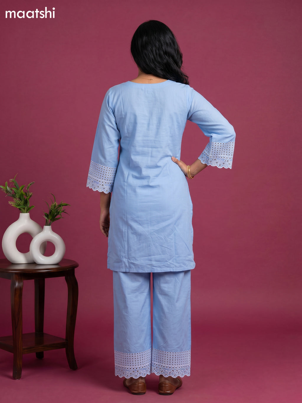 Light Blue Cotton Hakoba & Lace Work Long Co-Ord Set