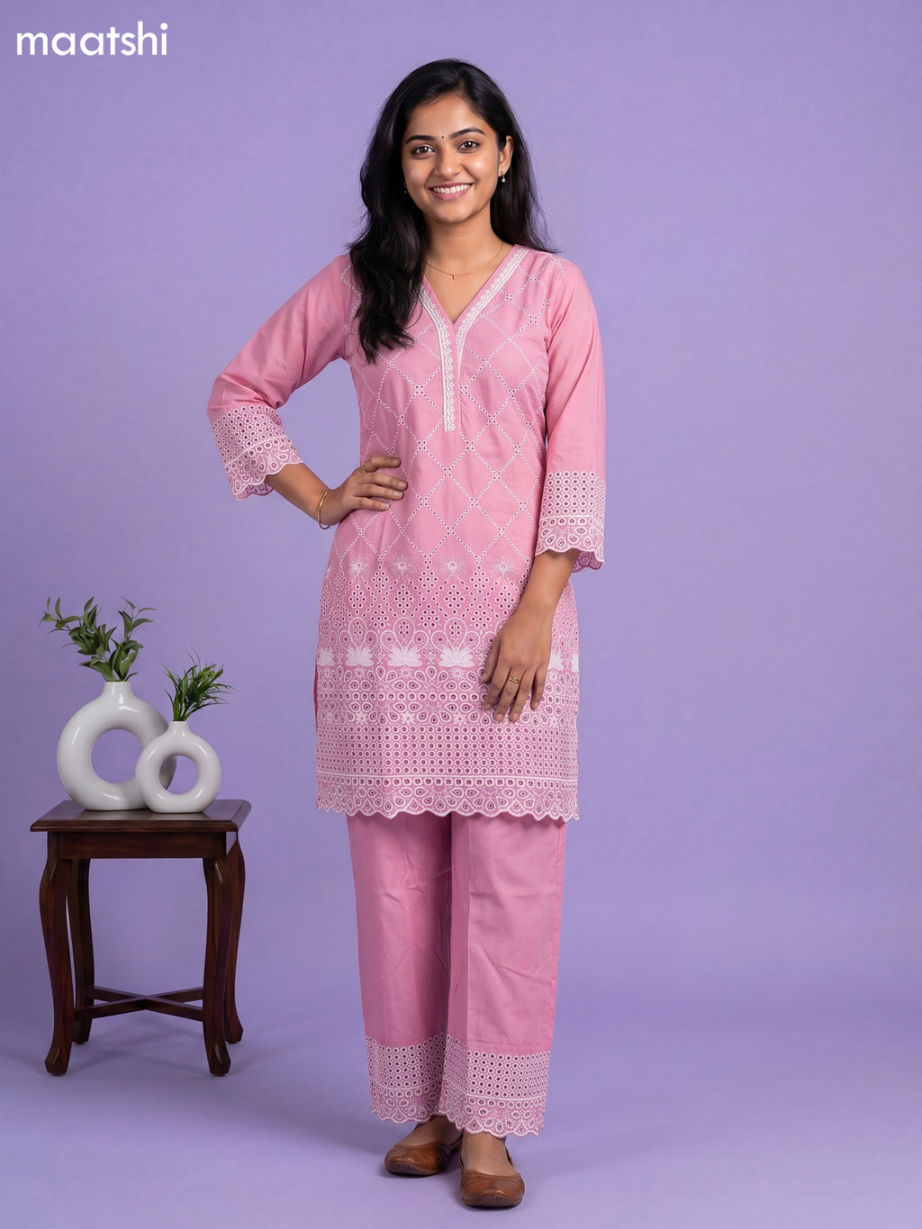 Pink Cotton Hakoba & Lace Work Long Co-Ord Set