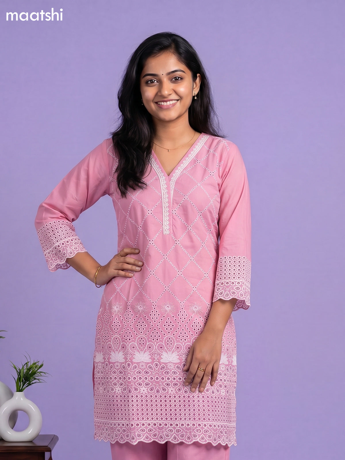 Pink Cotton Hakoba & Lace Work Long Co-Ord Set