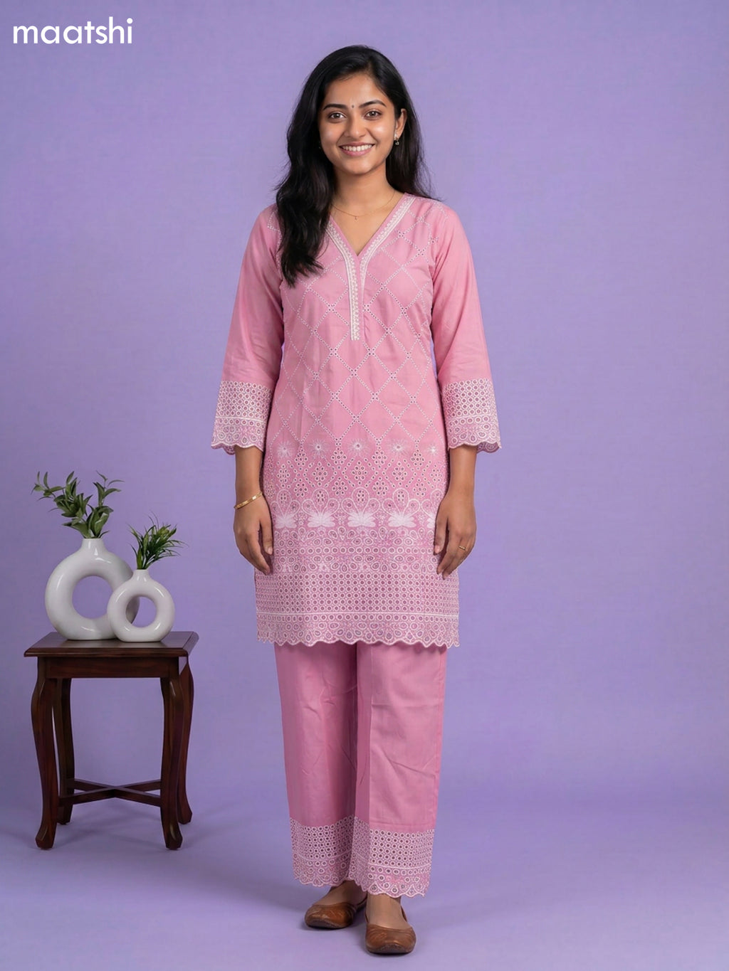 Pink Cotton Hakoba & Lace Work Long Co-Ord Set